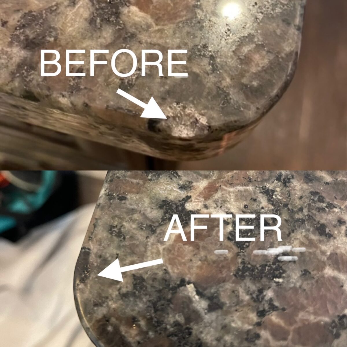Before and after: stone countertop chip repair and repolish
